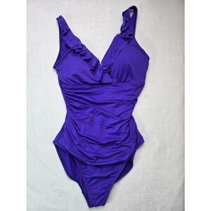 Lauren Ralph Lauren Purple Ruffle Ruched One Piece Swimsuit Womens 6 Slimming